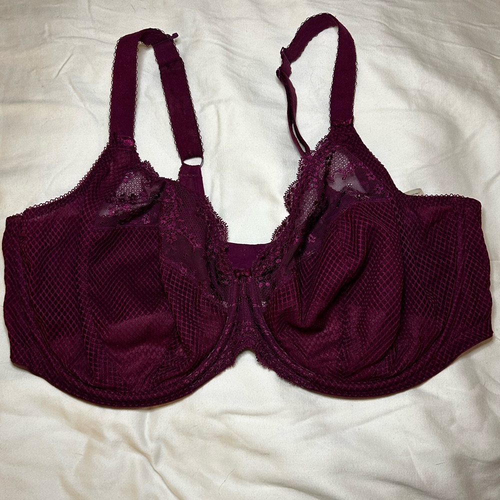 Elomi Charley Purple Stretch Lace & Mesh Plunge Bra Racerback Opt brand size 42G - Picture 3 of 14